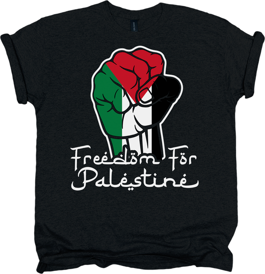 Black t-shirt with a fist in the Palestinian flag colours and 'Freedom For Palestine' text.
