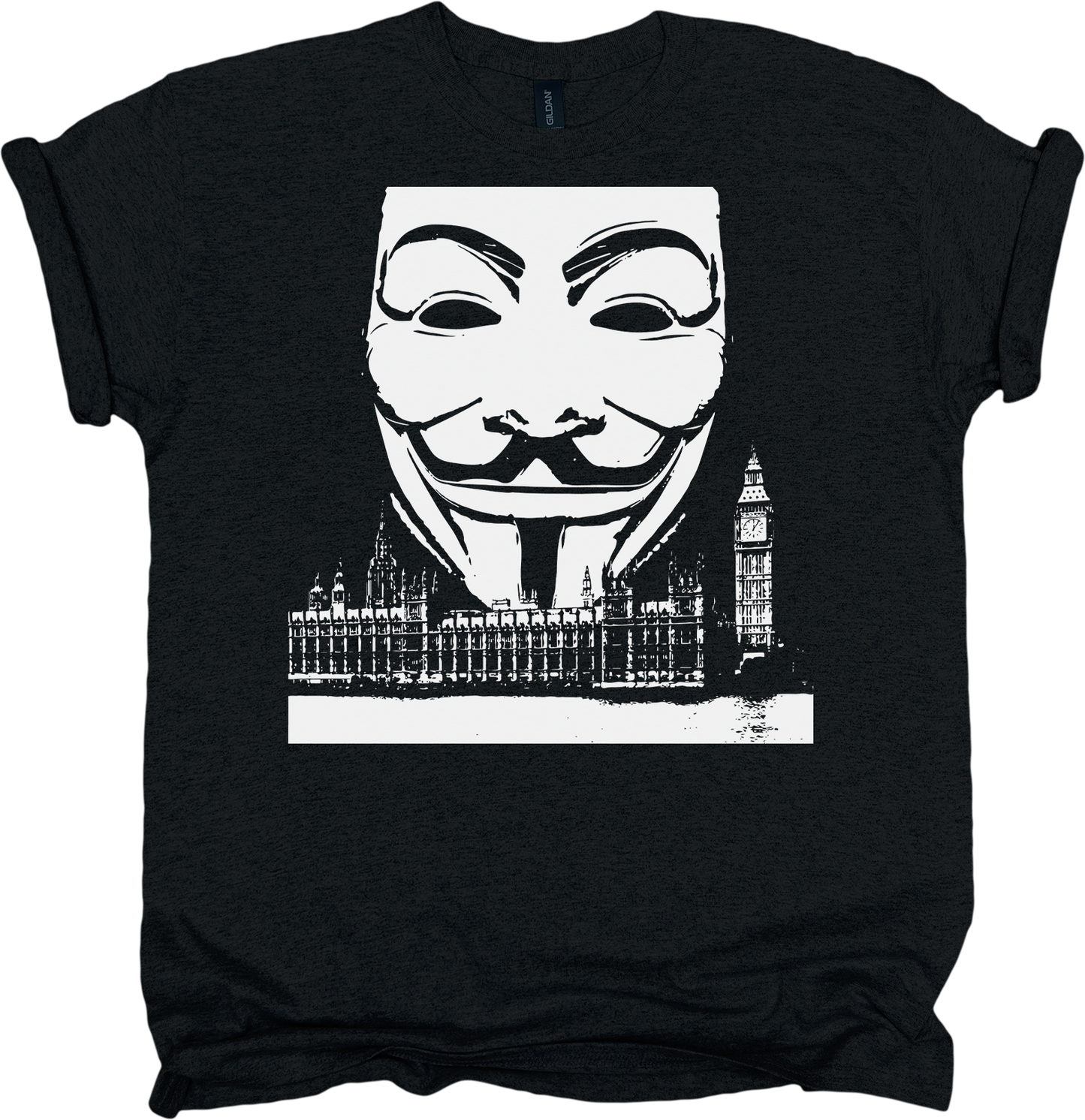 Black t-shirt with a Guy Fawkes mask and London skyline graphic