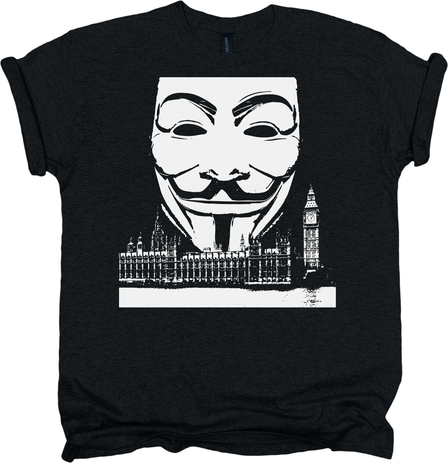 Black t-shirt with a Guy Fawkes mask and London skyline graphic