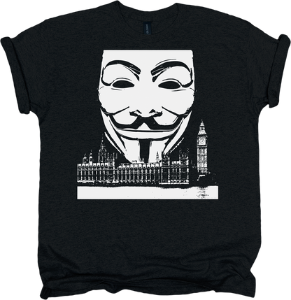 Black t-shirt with a Guy Fawkes mask and London skyline graphic