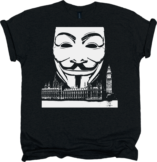 Black t-shirt with a Guy Fawkes mask and London skyline graphic
