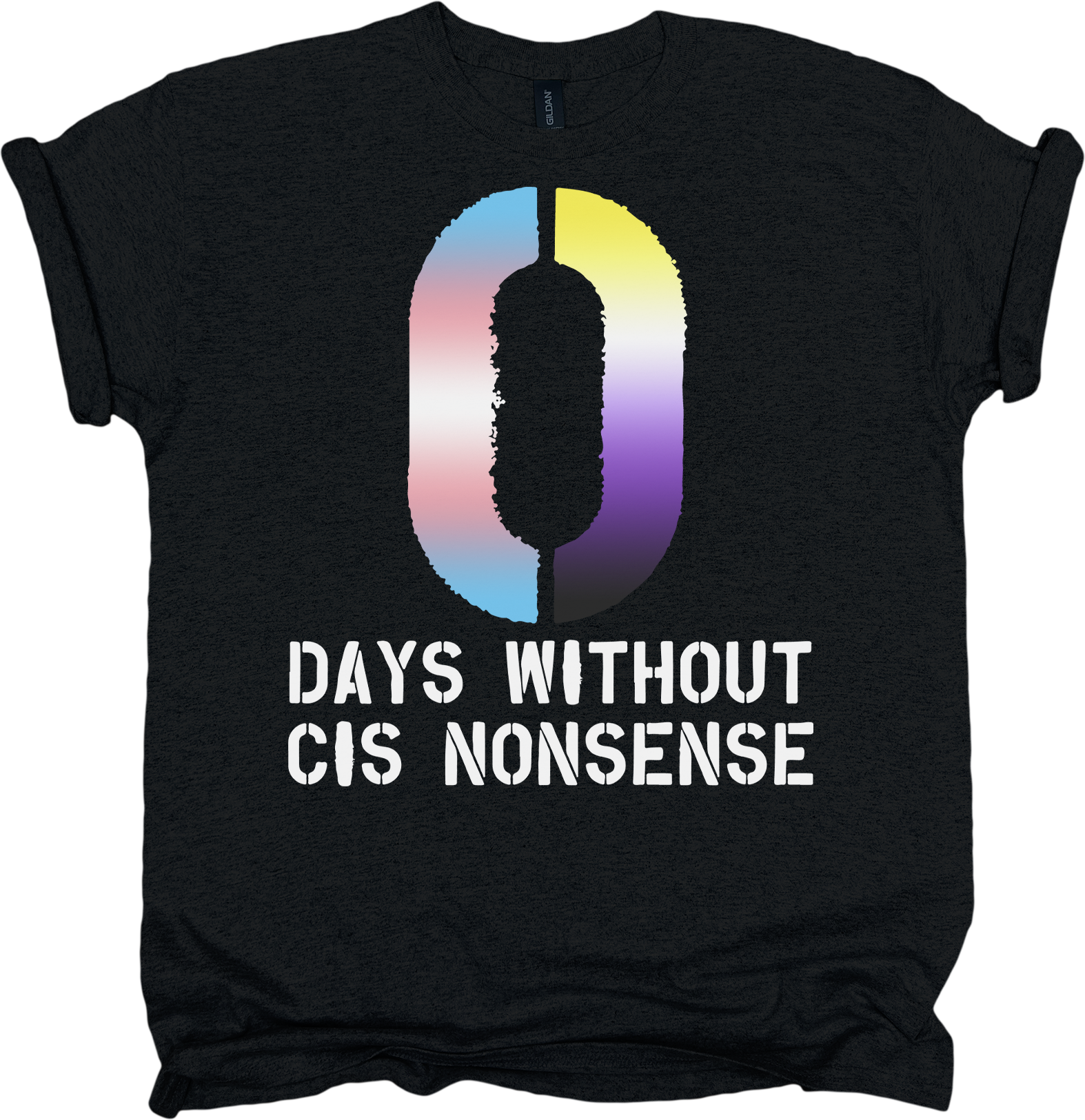 Black t-shirt with a colorful design and white text.