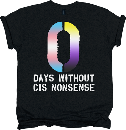 Black t-shirt with a colorful design and white text.