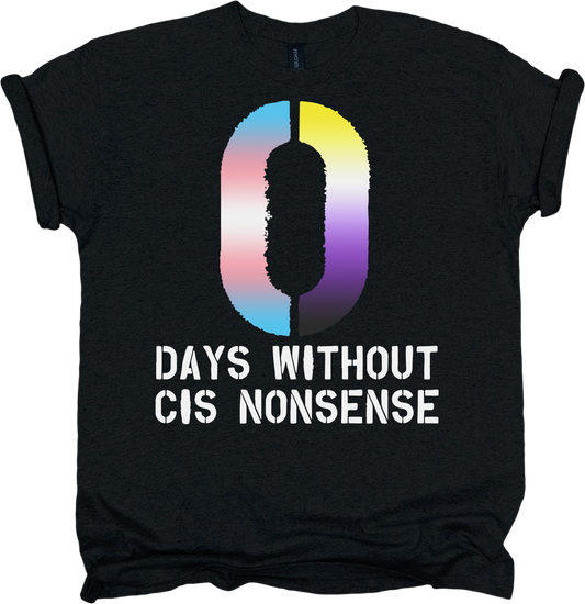 Black t-shirt with a colorful design and white text.