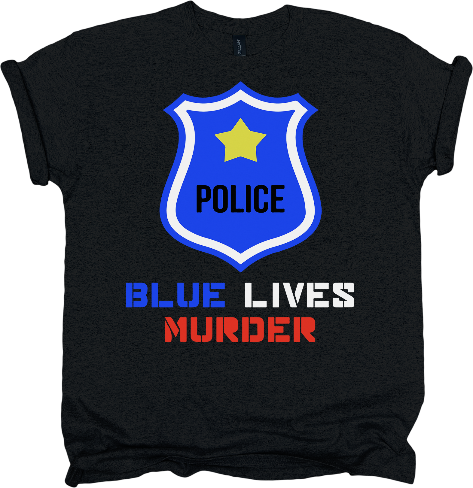 Black t-shirt with a police badge and 'Blue Lives Murder' text 