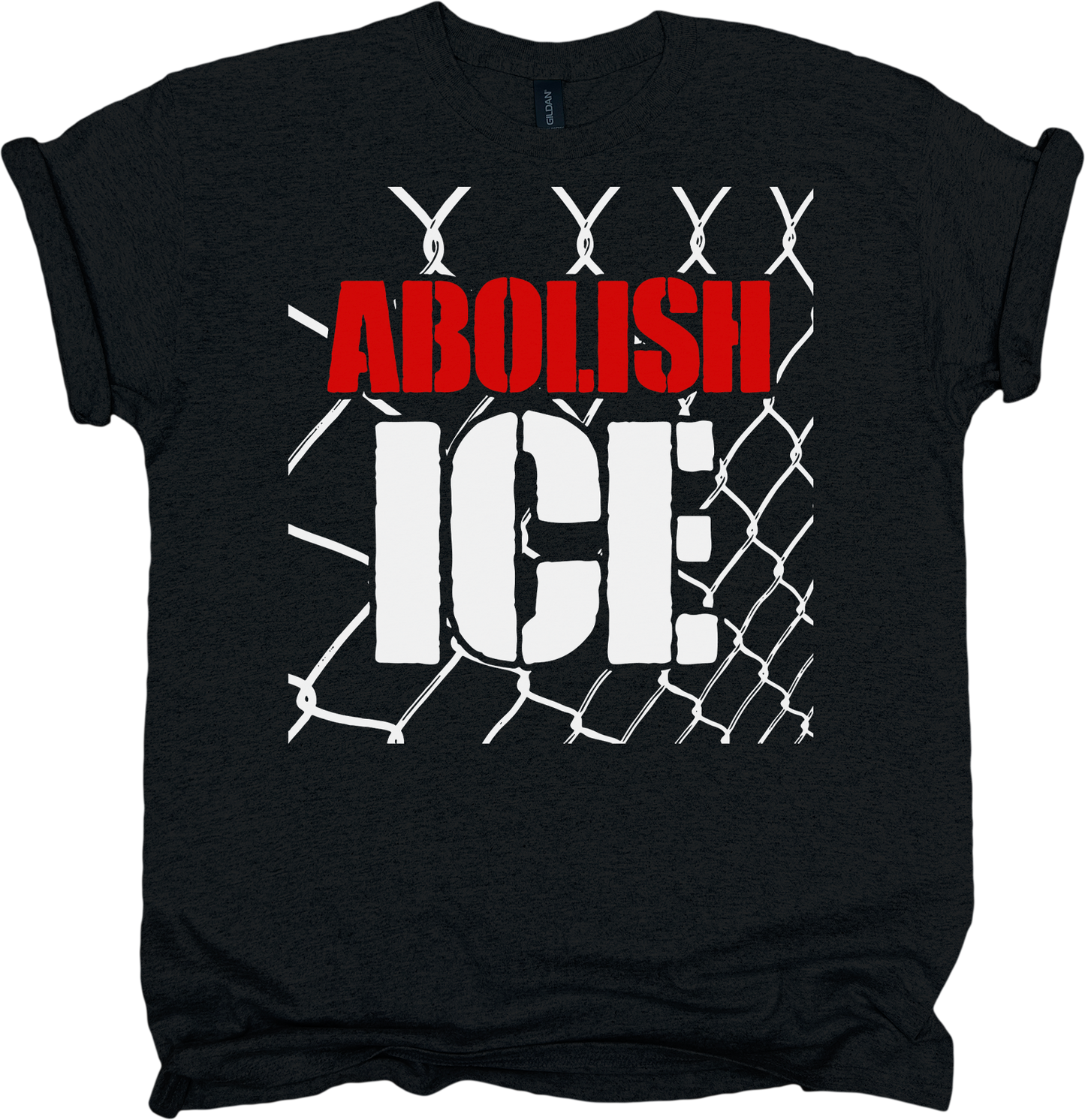 Black t-shirt with 'ABOLISH ICE' text and chain-link fence graphic.