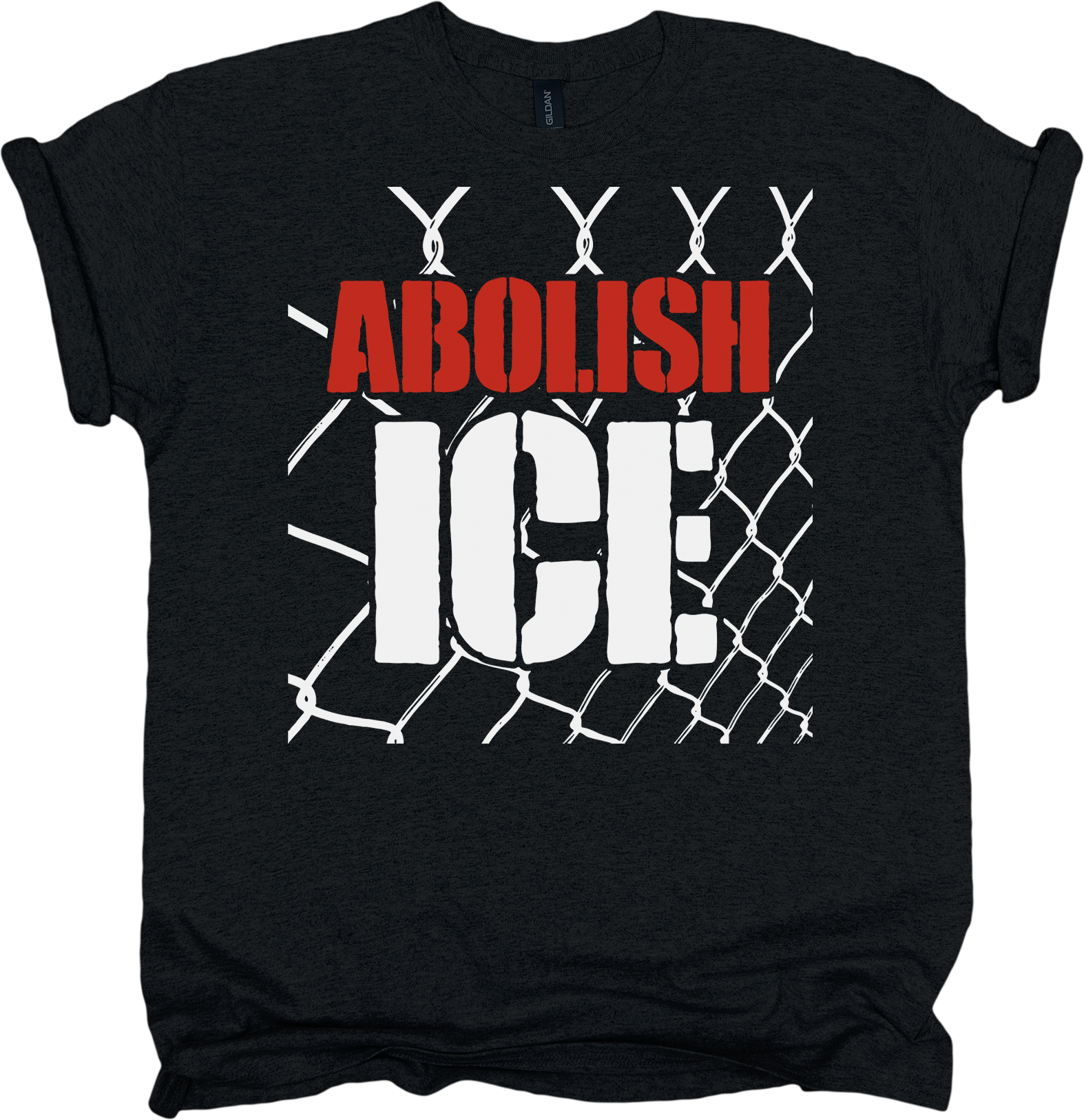Black t-shirt with 'ABOLISH ICE' text and chain-link fence graphic.