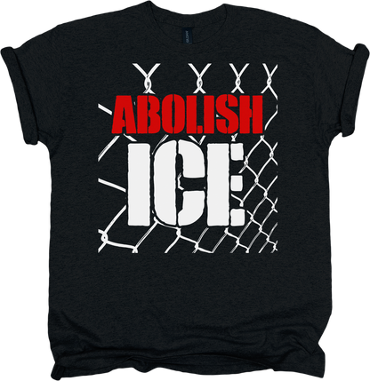 Black t-shirt with 'ABOLISH ICE' text and chain-link fence graphic.