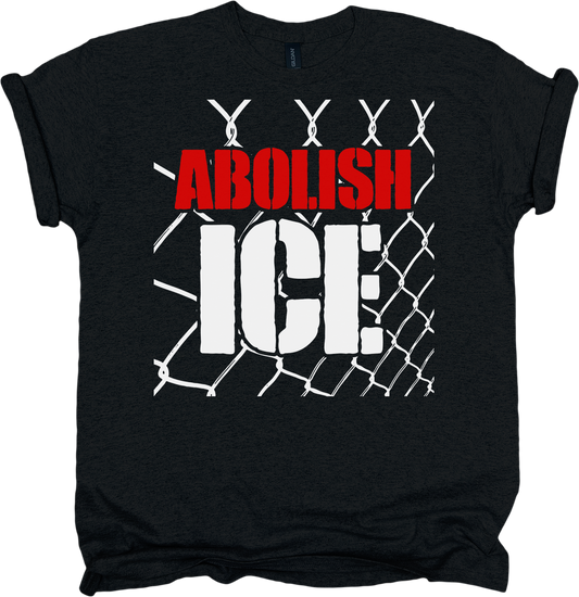 Black t-shirt with 'ABOLISH ICE' text and chain-link fence graphic.