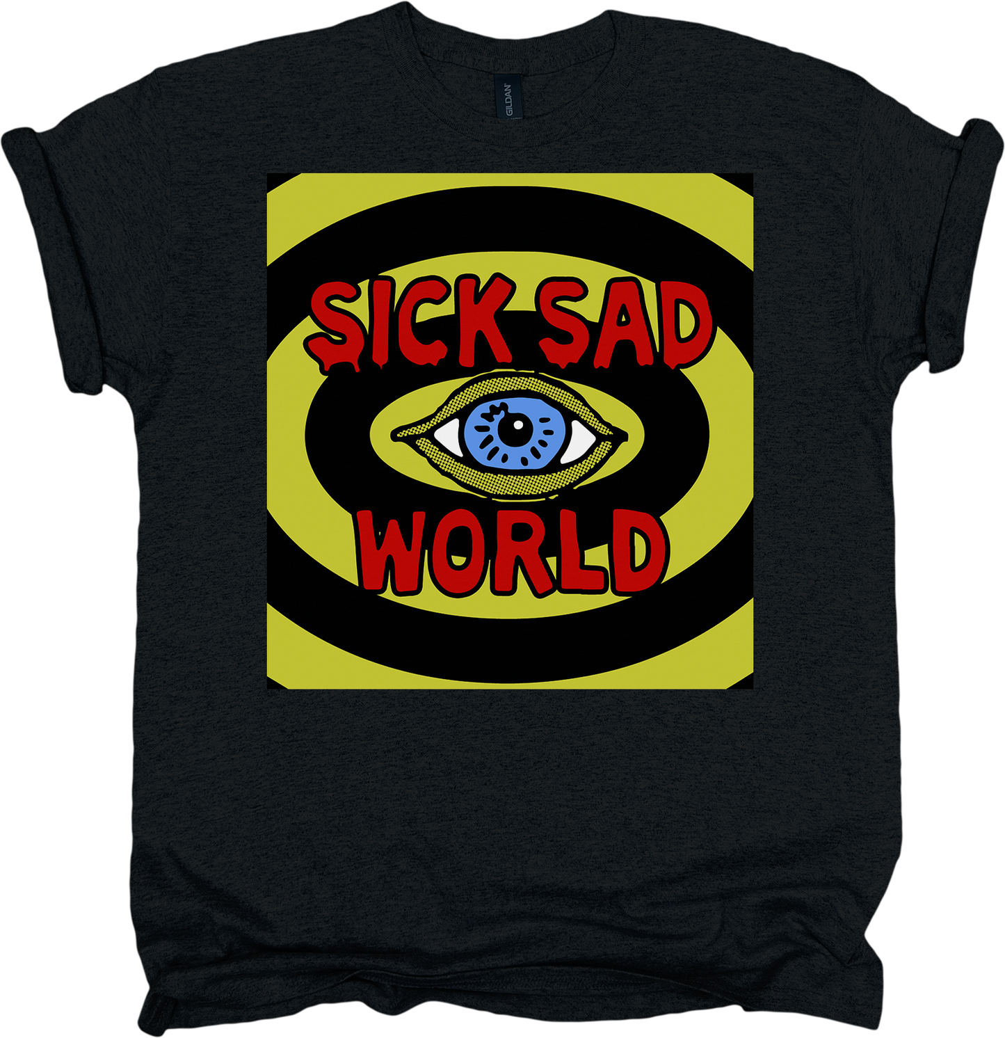 Black t-shirt with 'Sick Sad World' graphic design featuring an eye on a green background.