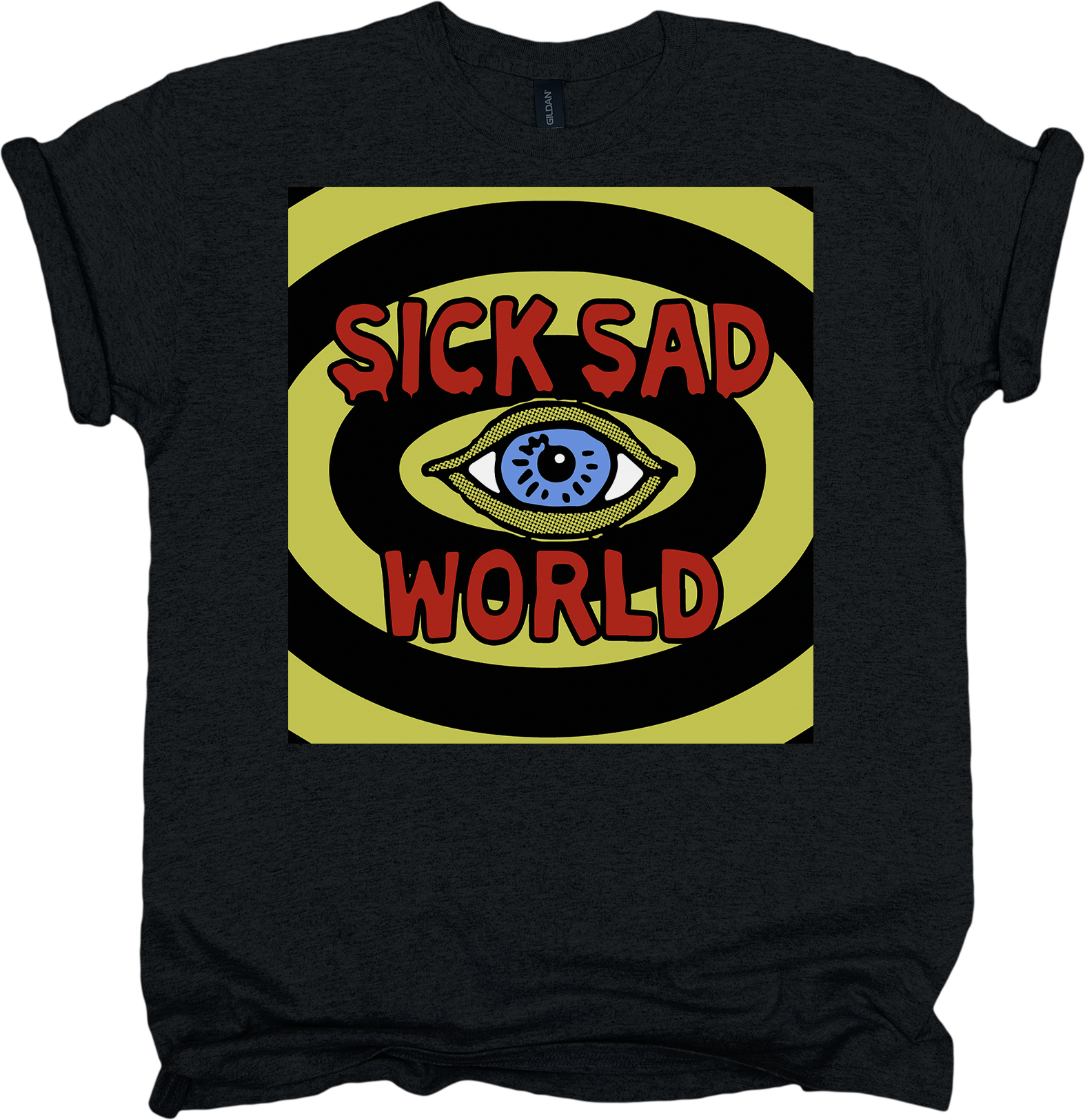 Black t-shirt with 'Sick Sad World' graphic design featuring an eye on a green background.