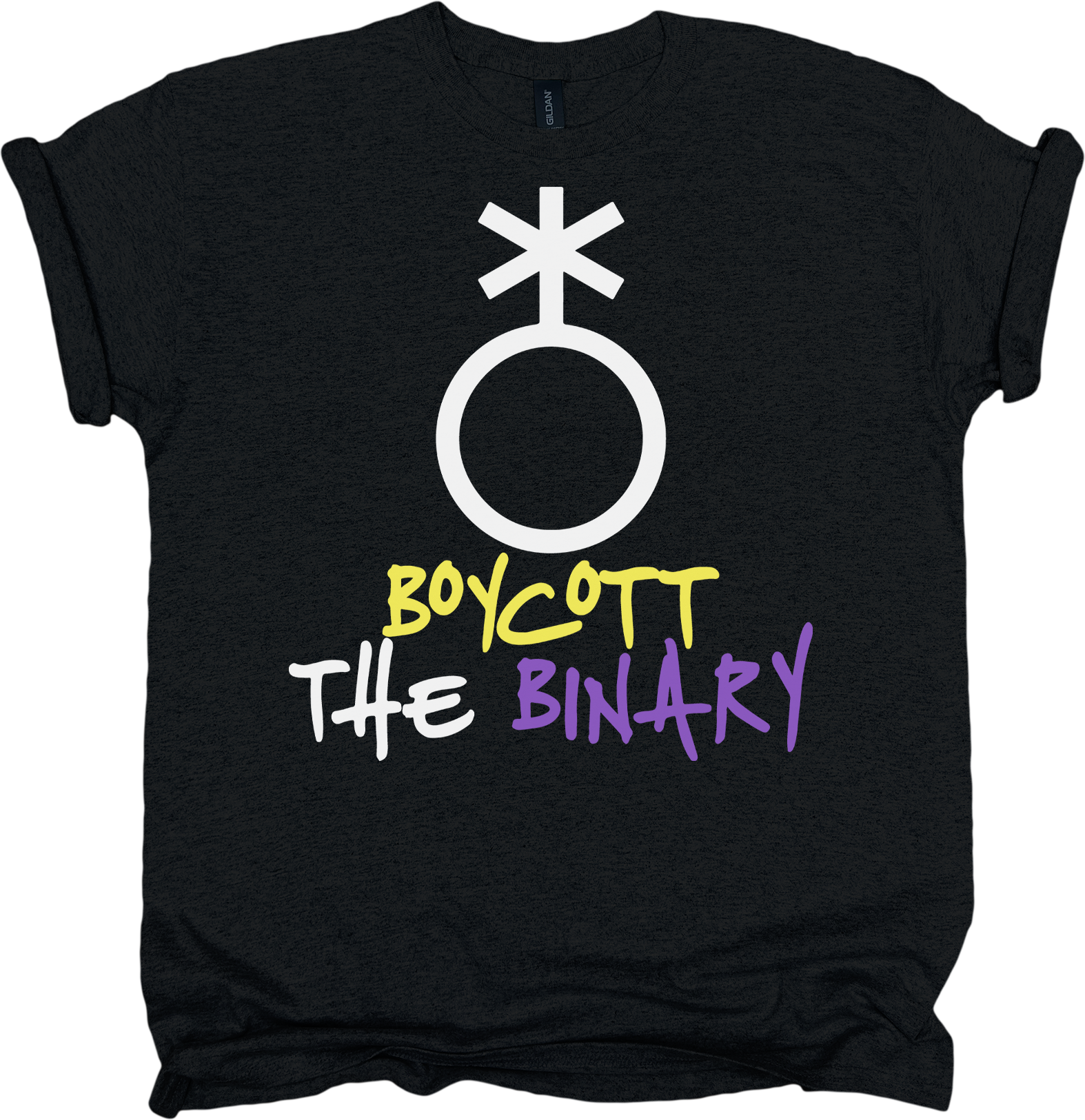 Black t-shirt with nonbinary symbol and text 'Boycott The Binary'