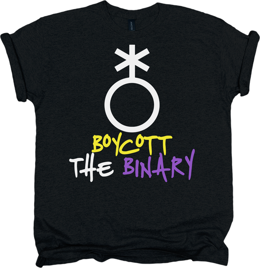 Black t-shirt with nonbinary symbol and text 'Boycott The Binary'