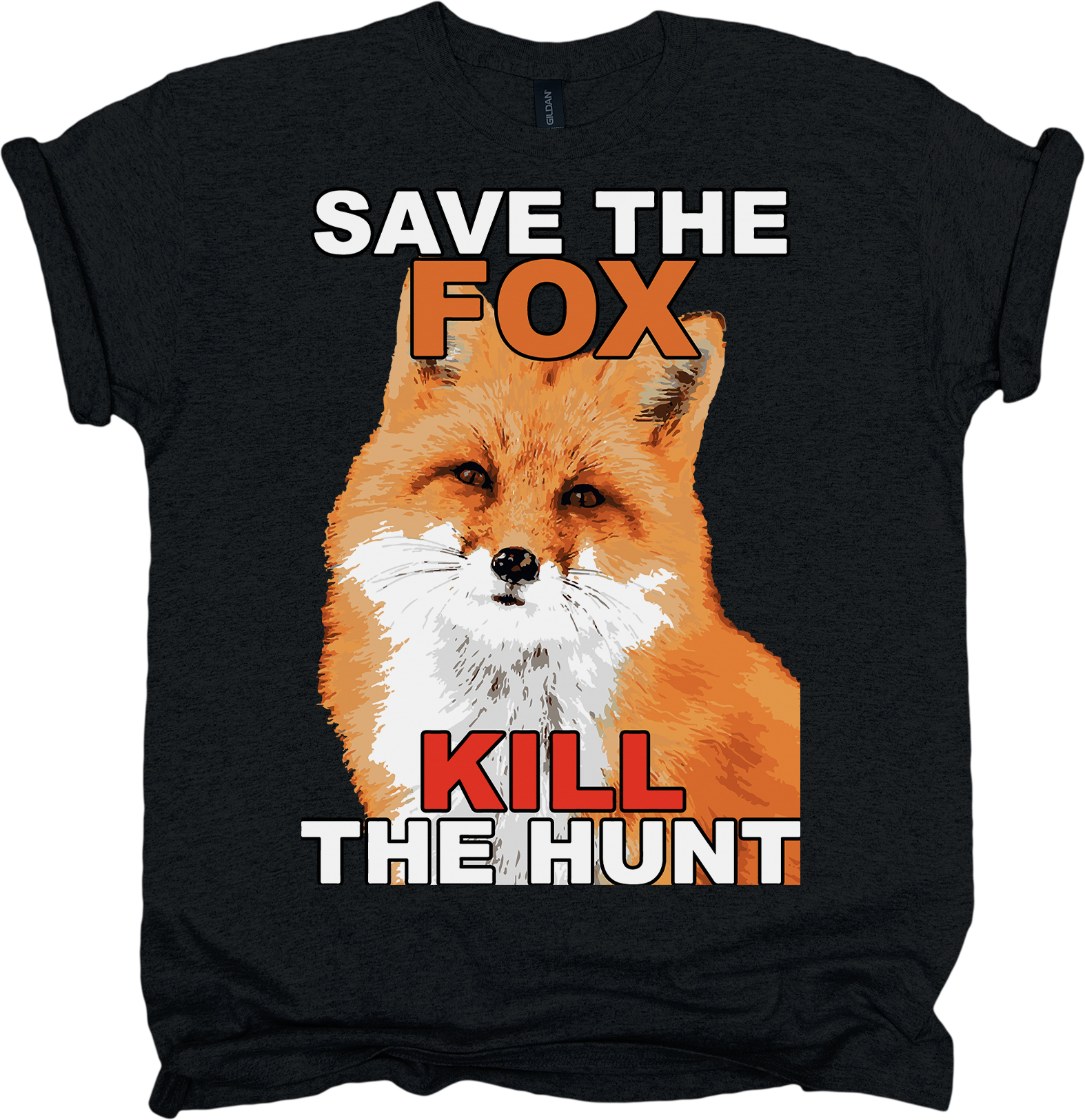 Black t-shirt with a fox graphic and text 'Save the Fox, Kill the Hunt' 