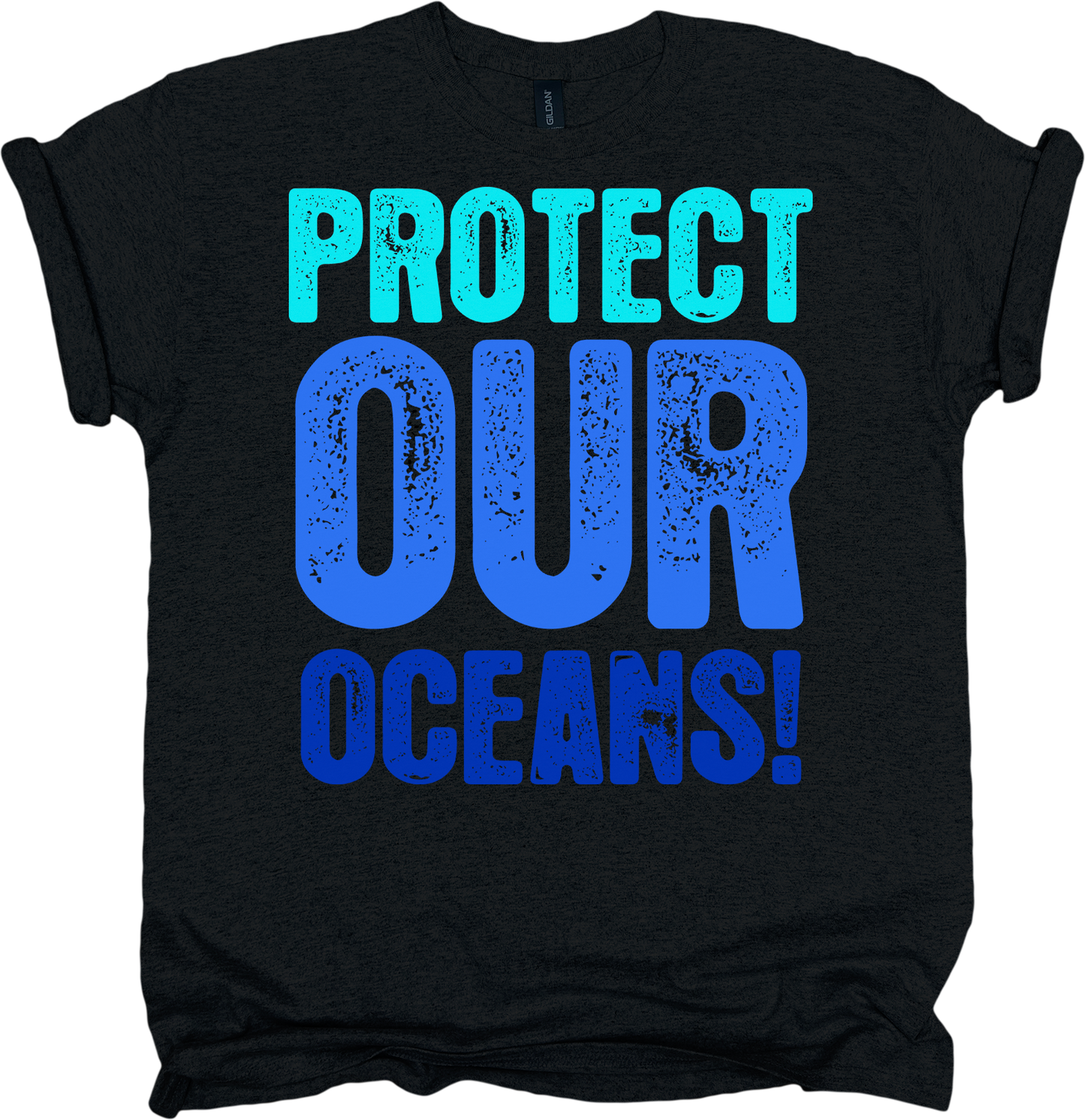 Black t-shirt with 'Protect Our Oceans!' text in bluen