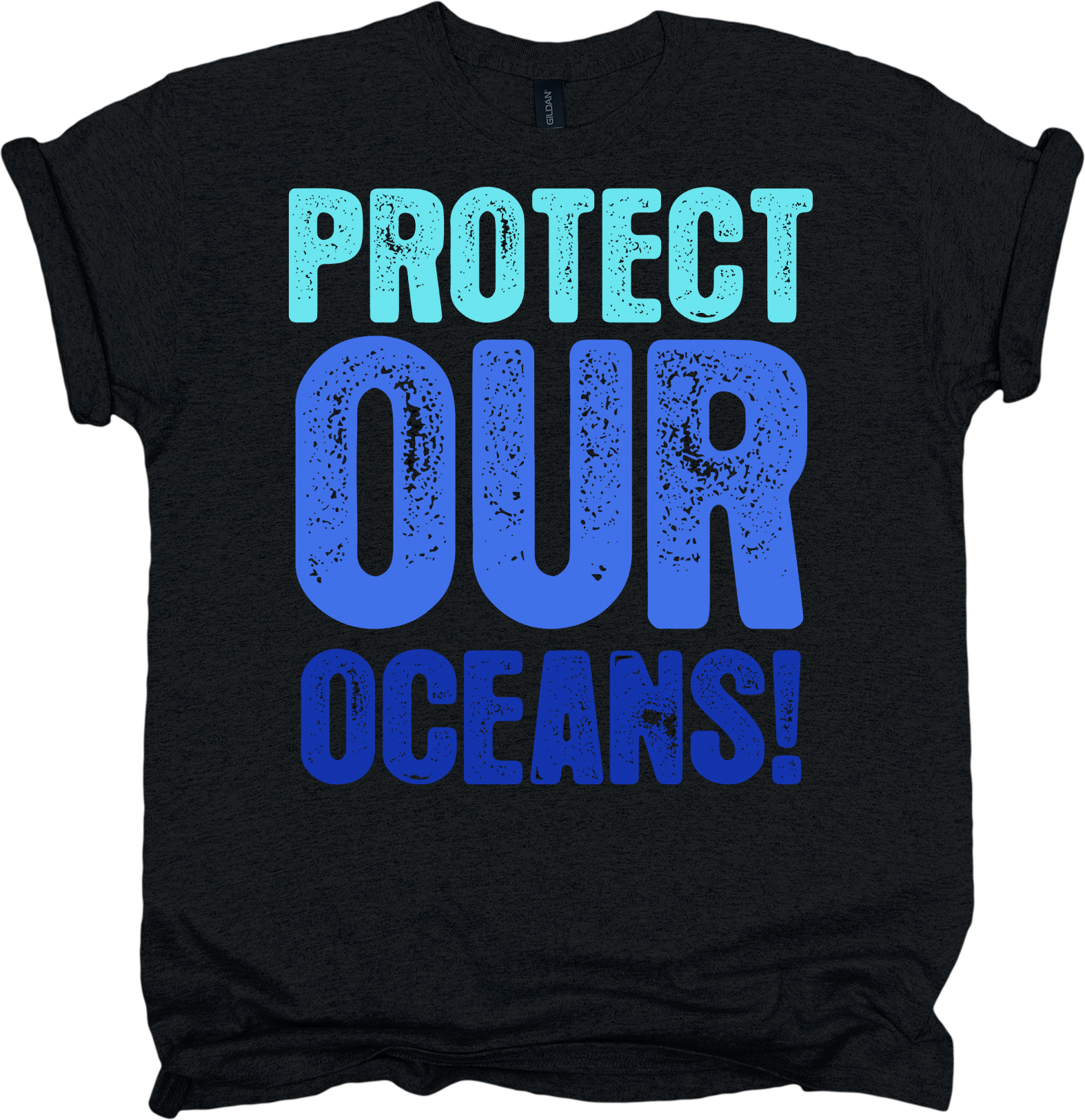 Black t-shirt with 'Protect Our Oceans!' text in bluen
