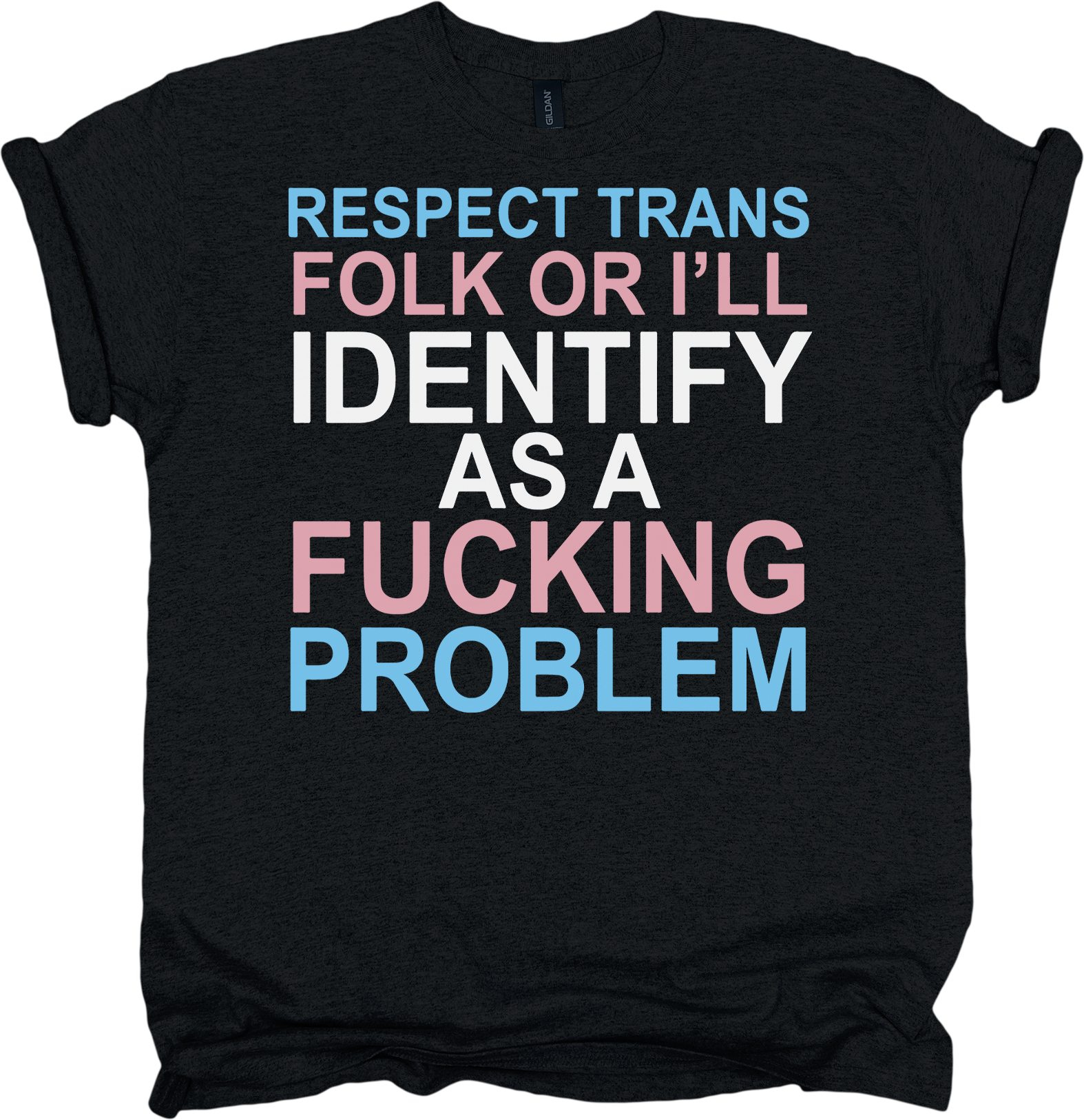 Black t-shirt with statement in trans pride colours