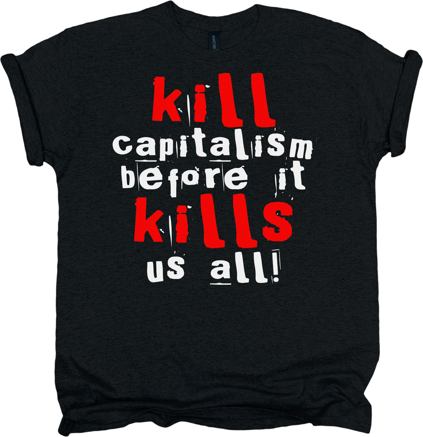 Black t-shirt with red and white text on a white background
