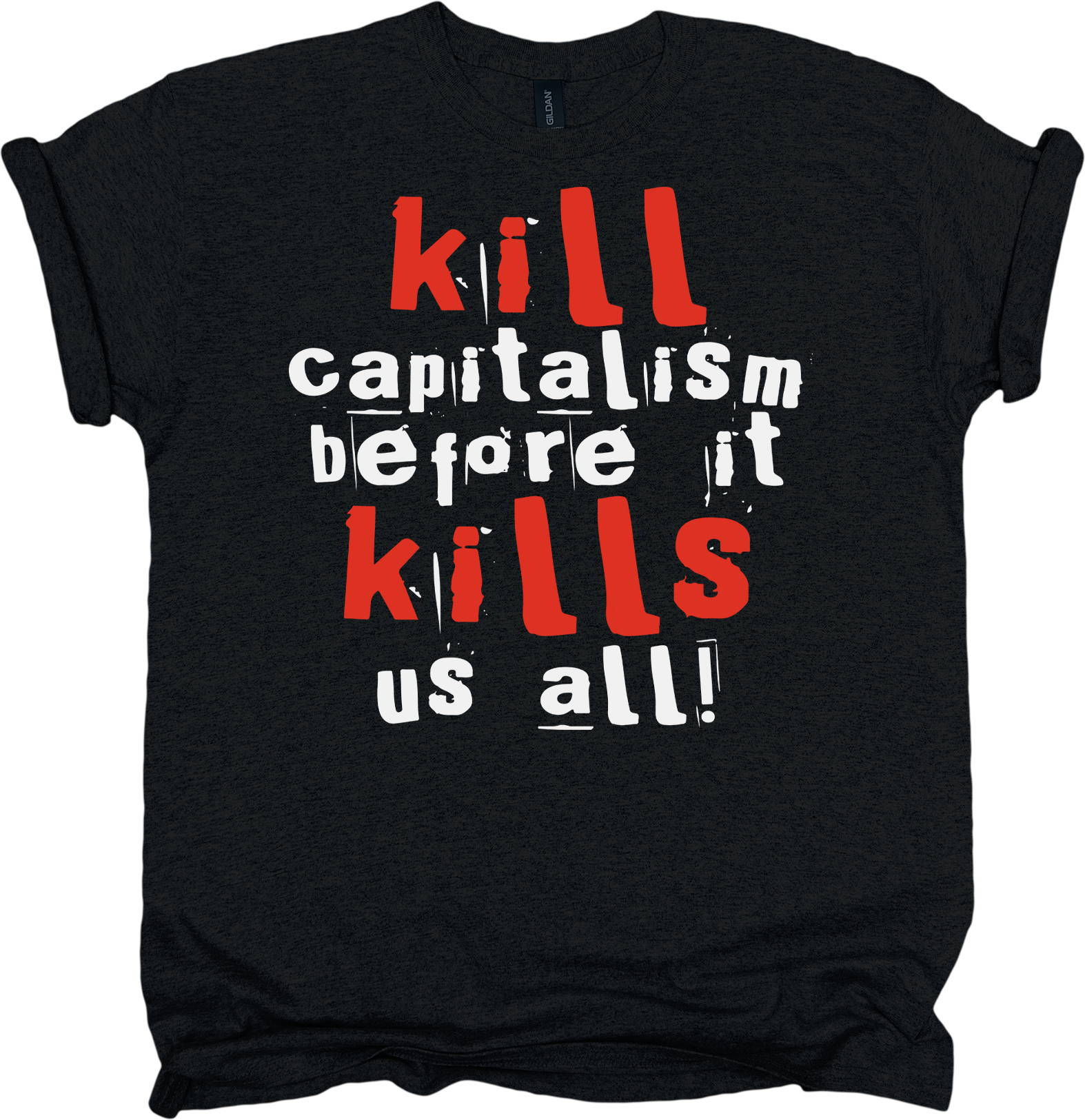 Black t-shirt with red and white text on a white background
