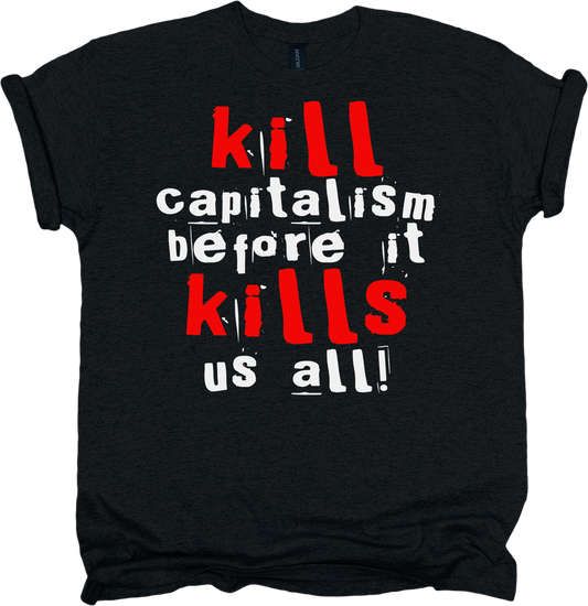 Black t-shirt with red and white text on a white background