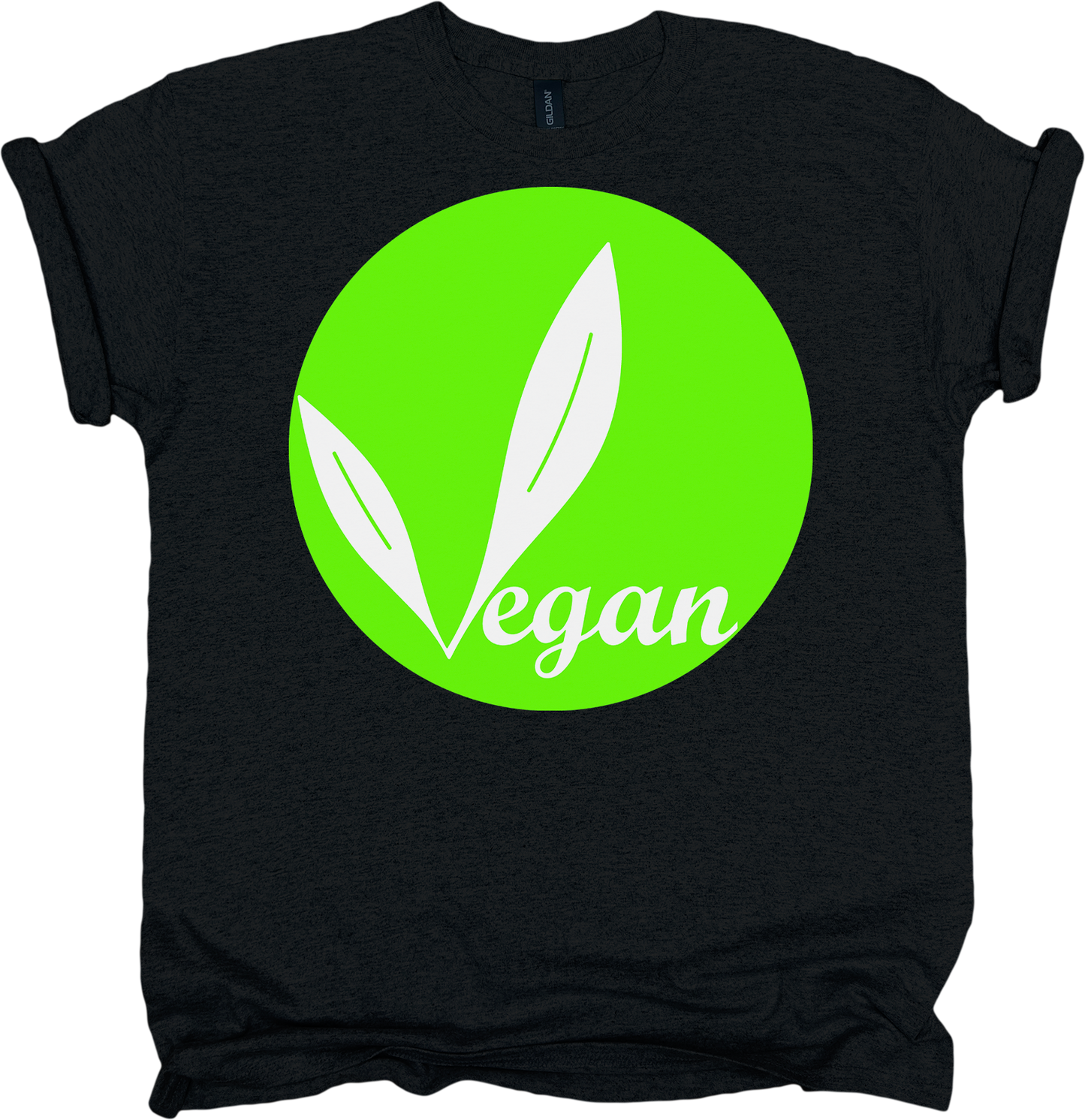 Black t-shirt with a green circle featuring two white leaves and the word 'vegan'.