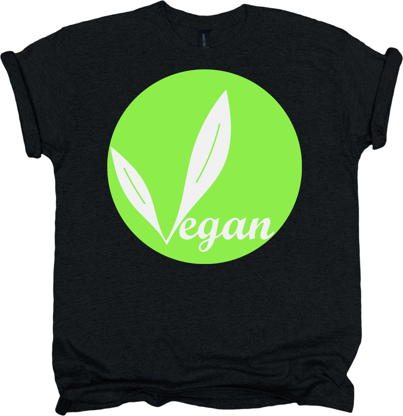 Black t-shirt with a green circle featuring two white leaves and the word 'vegan'.