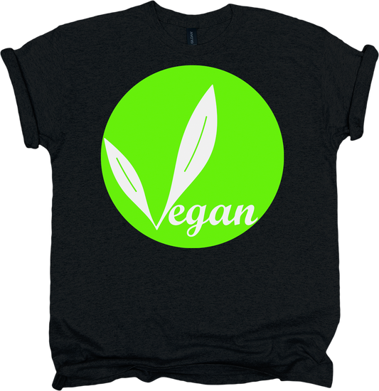 Black t-shirt with a green circle featuring two white leaves and the word 'vegan'.