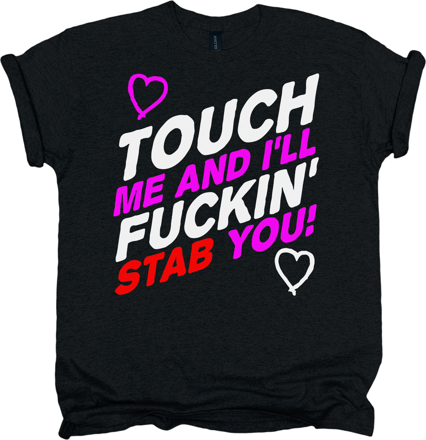 Black t-shirt with colorful text and heart graphics 