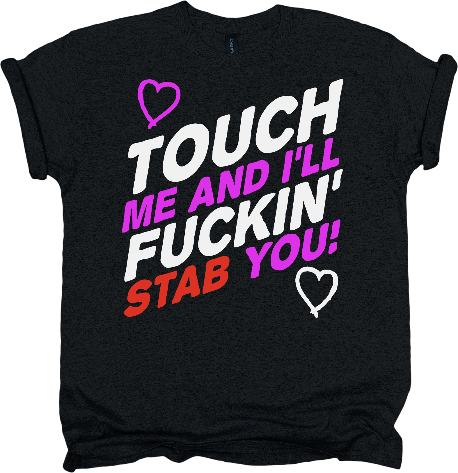 Black t-shirt with colorful text and heart graphics 