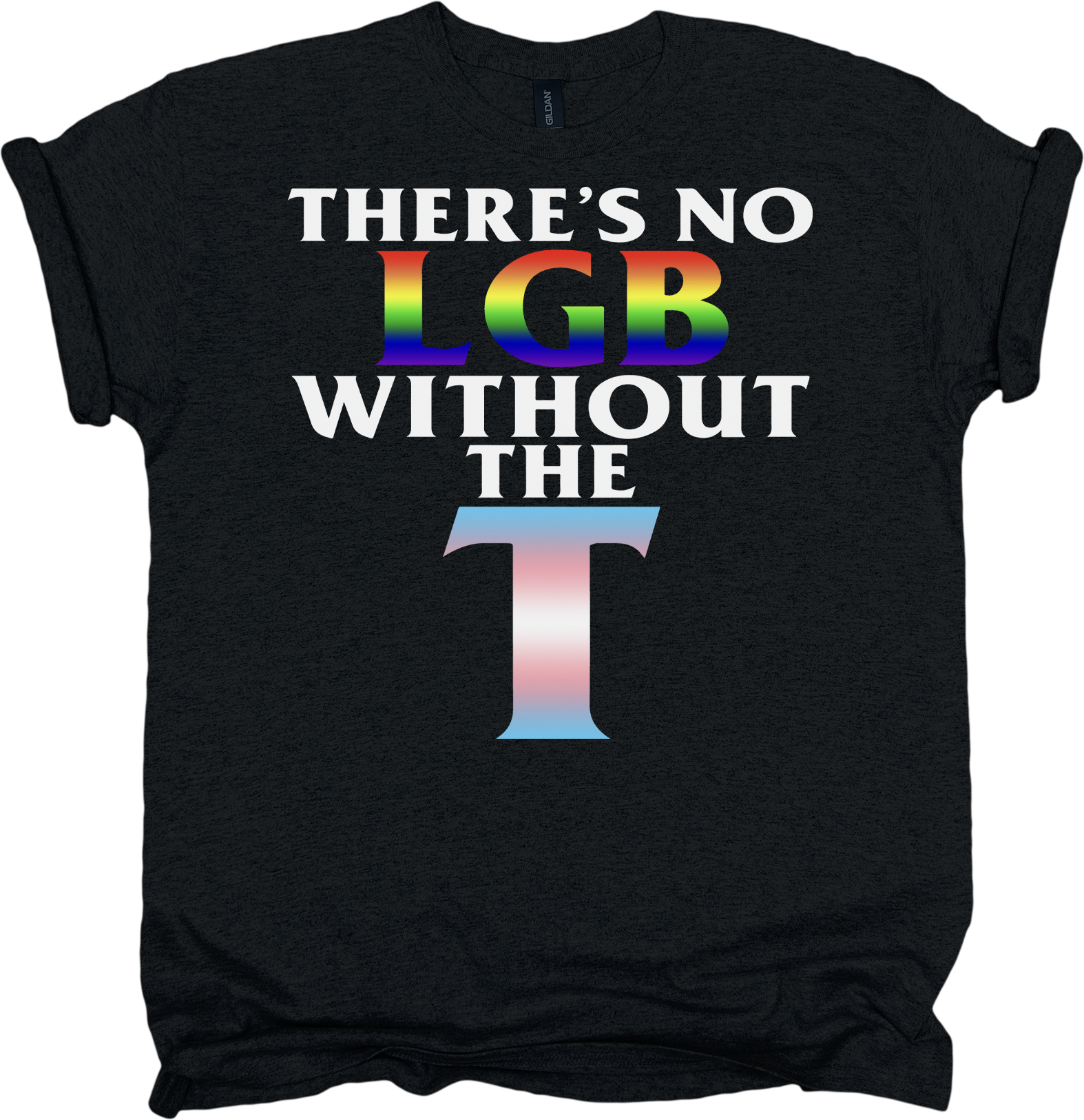 Black t-shirt with rainbow and white text 