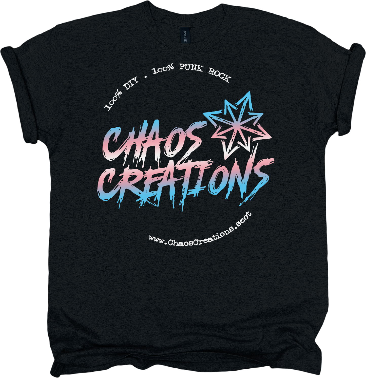 Black t-shirt with trans pride colour scheme 'Chaos Creations' graphic design