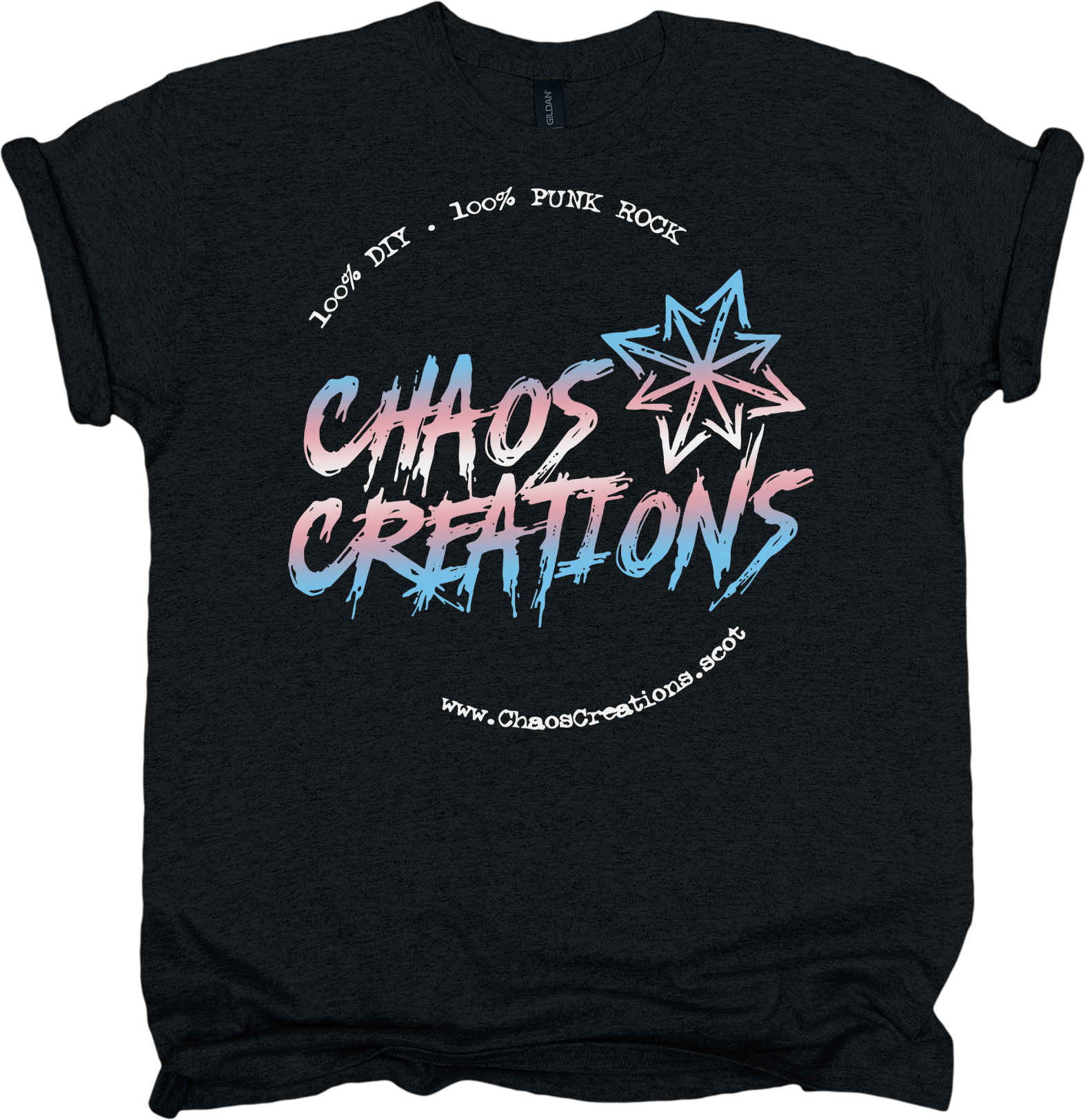 Black t-shirt with trans pride colour scheme 'Chaos Creations' graphic design
