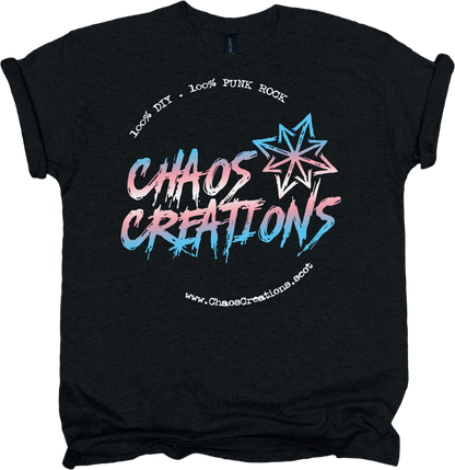 Black t-shirt with trans pride colour scheme 'Chaos Creations' graphic design