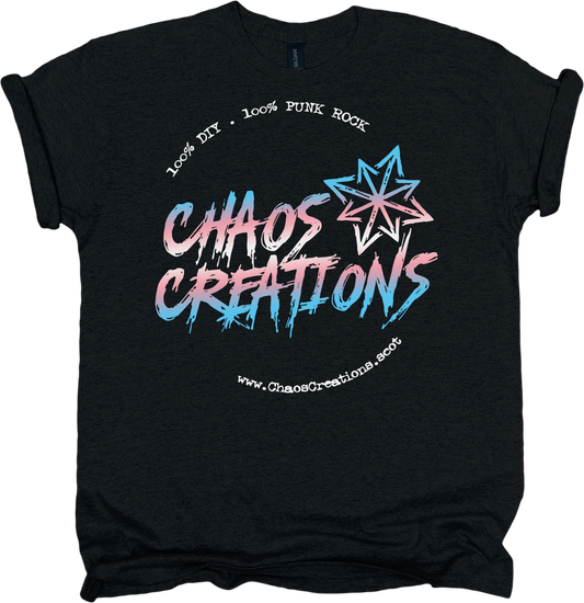 Black t-shirt with trans pride colour scheme 'Chaos Creations' graphic design