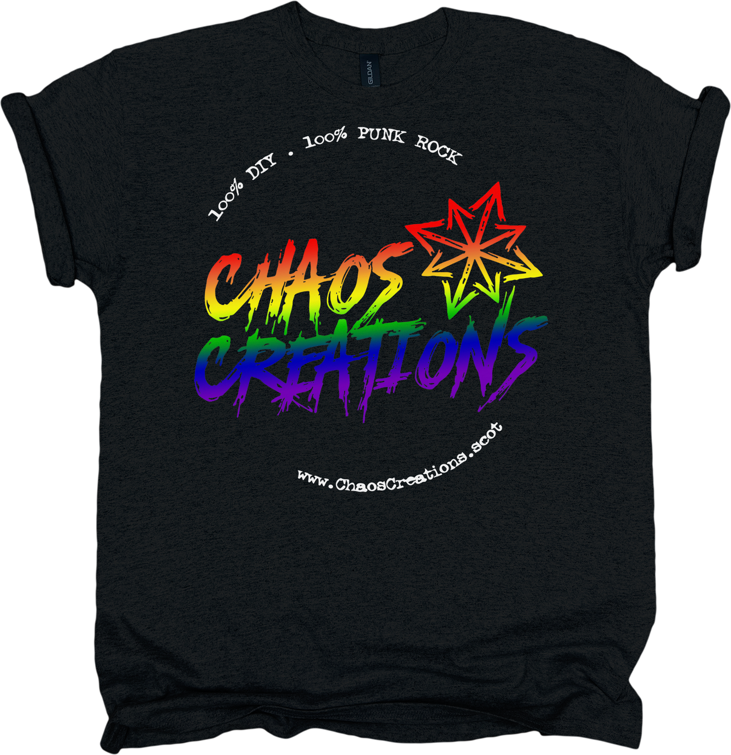 Black t-shirt with rainbow 'Chaos Creations' logo and text 