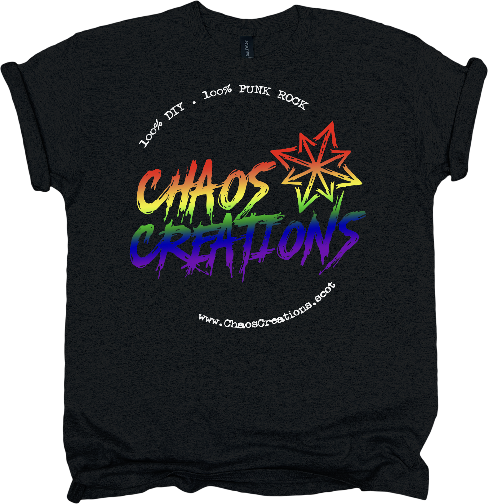 Black t-shirt with rainbow 'Chaos Creations' logo and text 