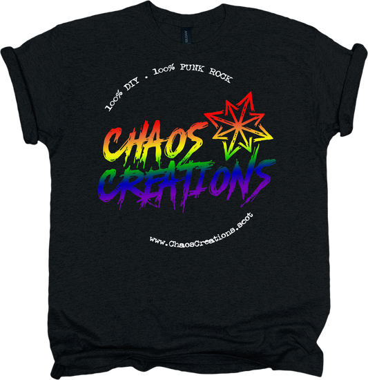 Black t-shirt with rainbow 'Chaos Creations' logo and text 