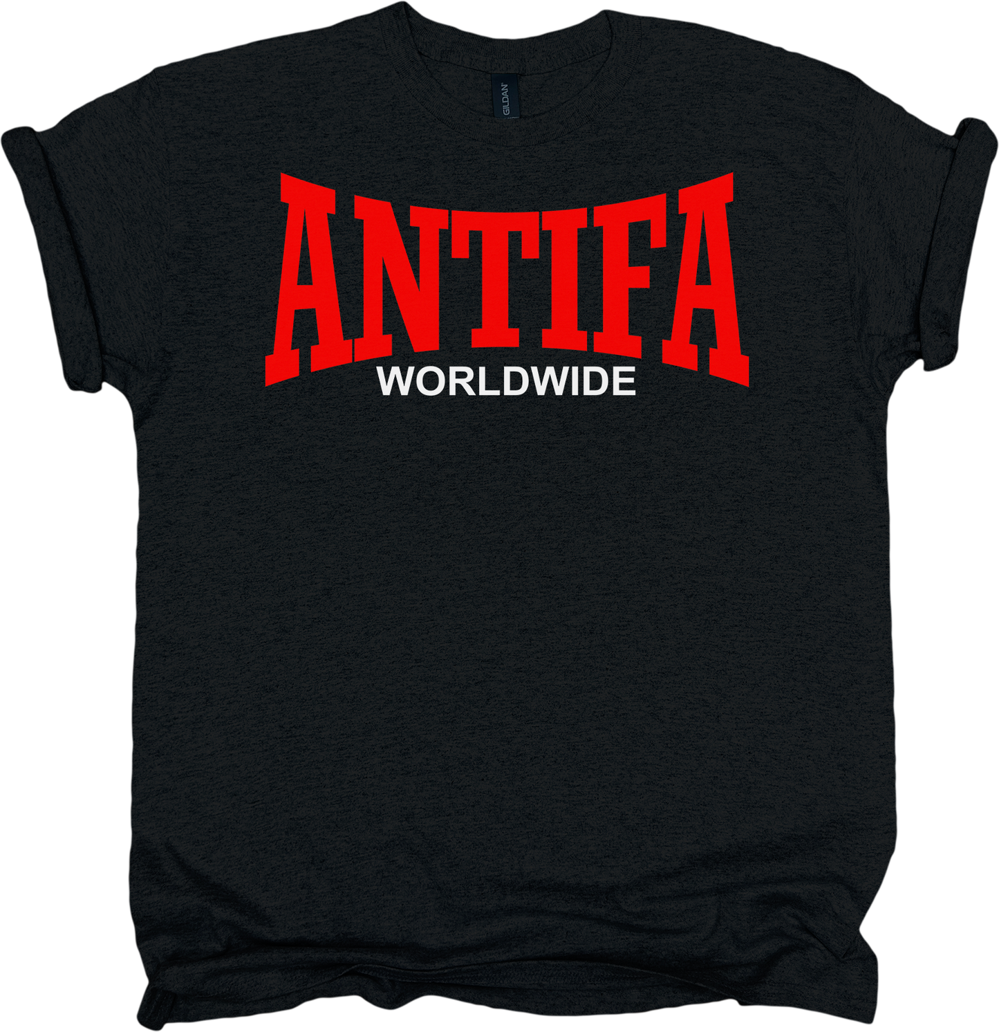Black t-shirt with red and white 'ANTIFA WORLDWIDE' text on a white background