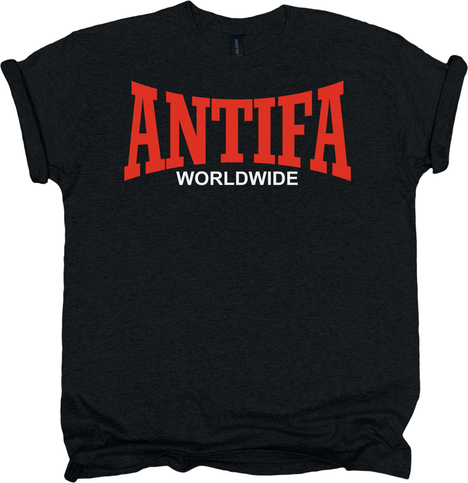 Black t-shirt with red and white 'ANTIFA WORLDWIDE' text on a white background