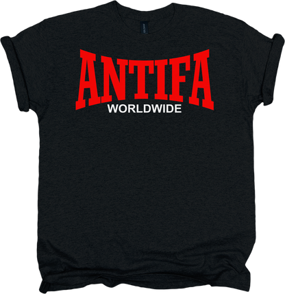 Black t-shirt with red and white 'ANTIFA WORLDWIDE' text on a white background