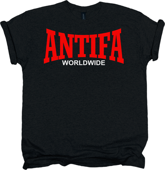 Black t-shirt with red and white 'ANTIFA WORLDWIDE' text on a white background