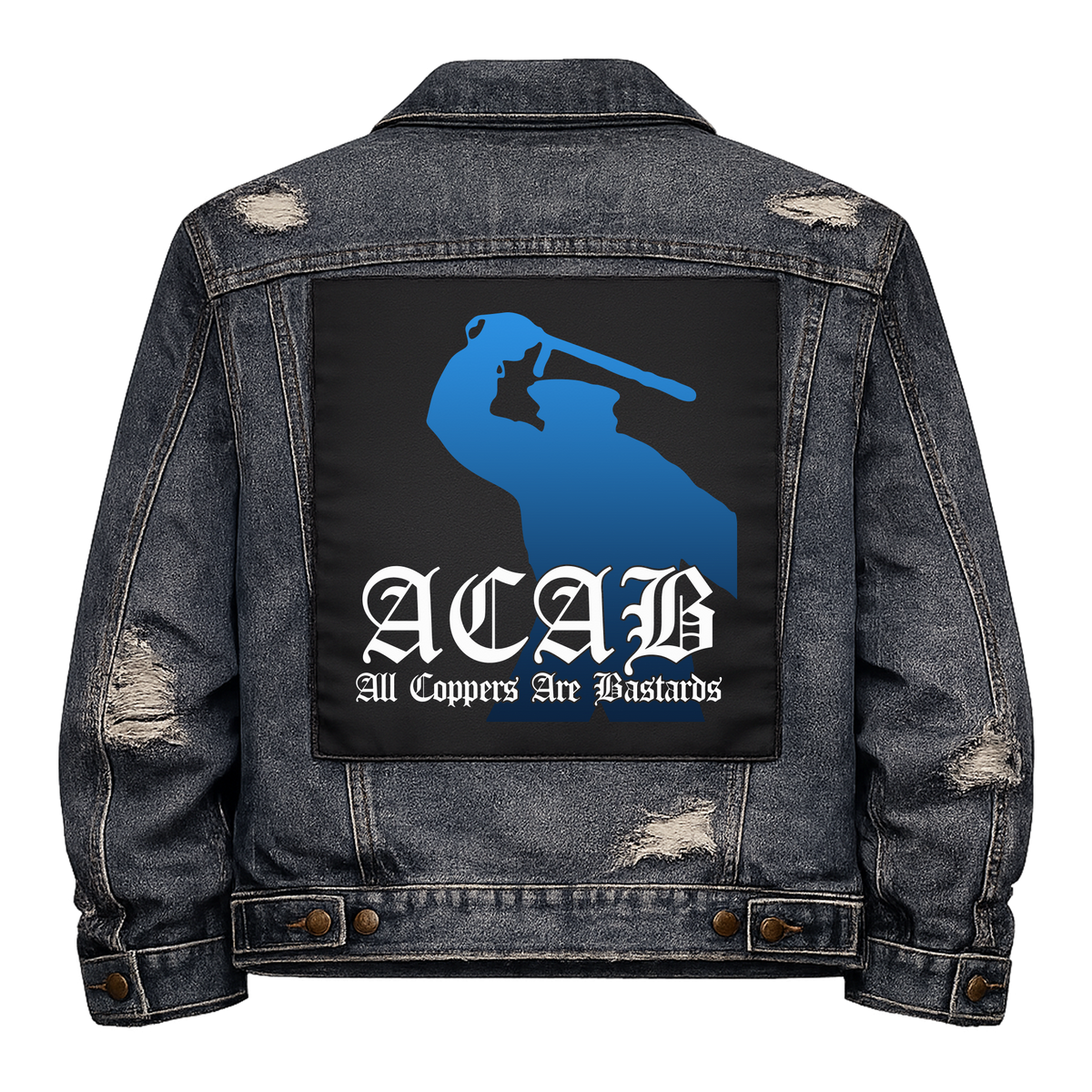 ACAB Full Colour Back Patch shown on the back of a distressed denim jacket: blue silhouette of a riot cop raising a baton above blackletter, reading "ACAB ALL COPPERS ARE BASTARDS"