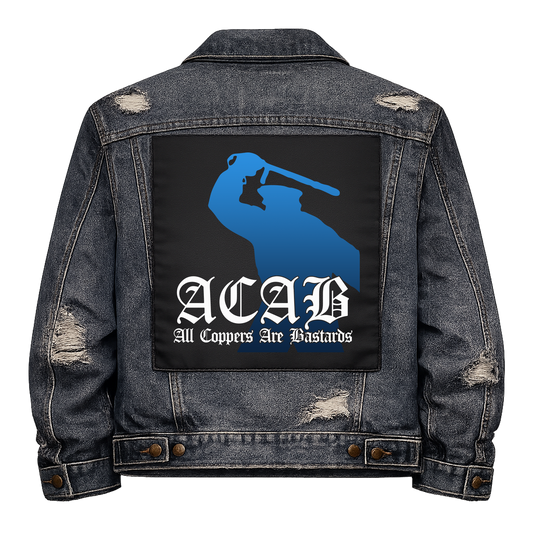ACAB Full Colour Back Patch shown on the back of a distressed denim jacket: blue silhouette of a riot cop raising a baton above blackletter, reading "ACAB ALL COPPERS ARE BASTARDS"