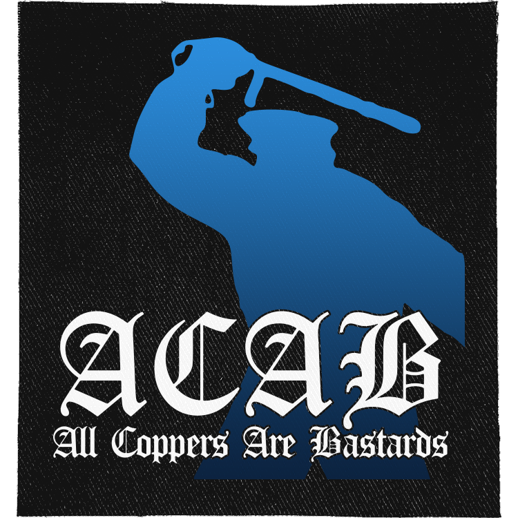 ACAB Full Colour Patch: blue silhouette of a riot cop raising a baton above blackletter, reading "ACAB ALL COPPERS ARE BASTARDS"