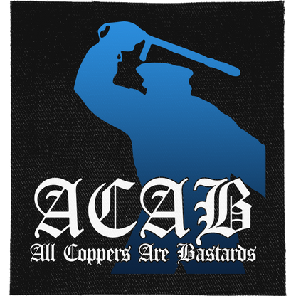 ACAB Full Colour Patch: blue silhouette of a riot cop raising a baton above blackletter, reading "ACAB ALL COPPERS ARE BASTARDS"
