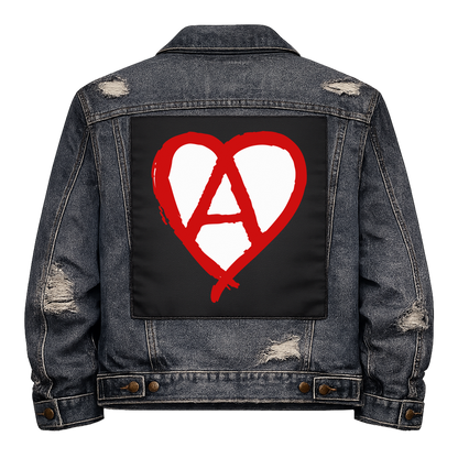 Anarchy Heart Full Colour Back Patch shown on the back of a distressed denim jacket: red heart with a circle-A painted through it