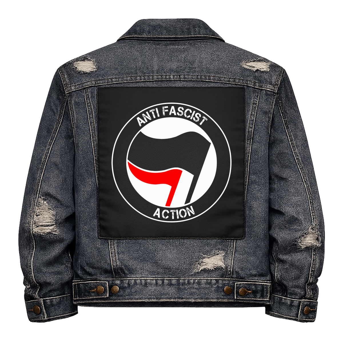 Anti Fascist Action Black Flag Full Colour Back Patch shown on the back of a distressed denim jacket: antifa roundel with black and red flags, reading "ANTI FASCIST ACTION"