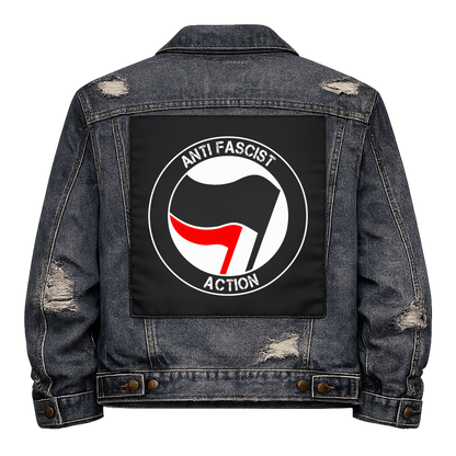 Anti Fascist Action Black Flag Full Colour Back Patch shown on the back of a distressed denim jacket: antifa roundel with black and red flags, reading "ANTI FASCIST ACTION"