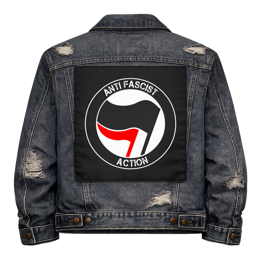 Anti Fascist Action Black Flag Full Colour Back Patch shown on the back of a distressed denim jacket: antifa roundel with black and red flags, reading "ANTI FASCIST ACTION"