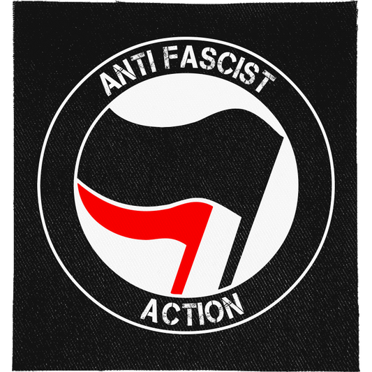 Anti Fascist Action Black Flag Full Colour Patch: antifa roundel with black and red flags, reading "ANTI FASCIST ACTION"